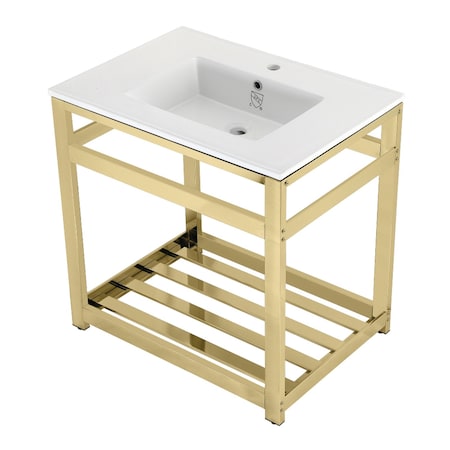 Kingston Brass VWP3122A2 31" Ceramic Console Sink (1-Hole), White/Polished Brass VWP3122A2